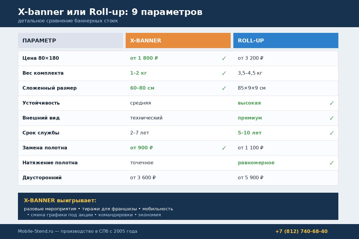Roll-up или X-banner: сравнение конструкций по 9 параметрам